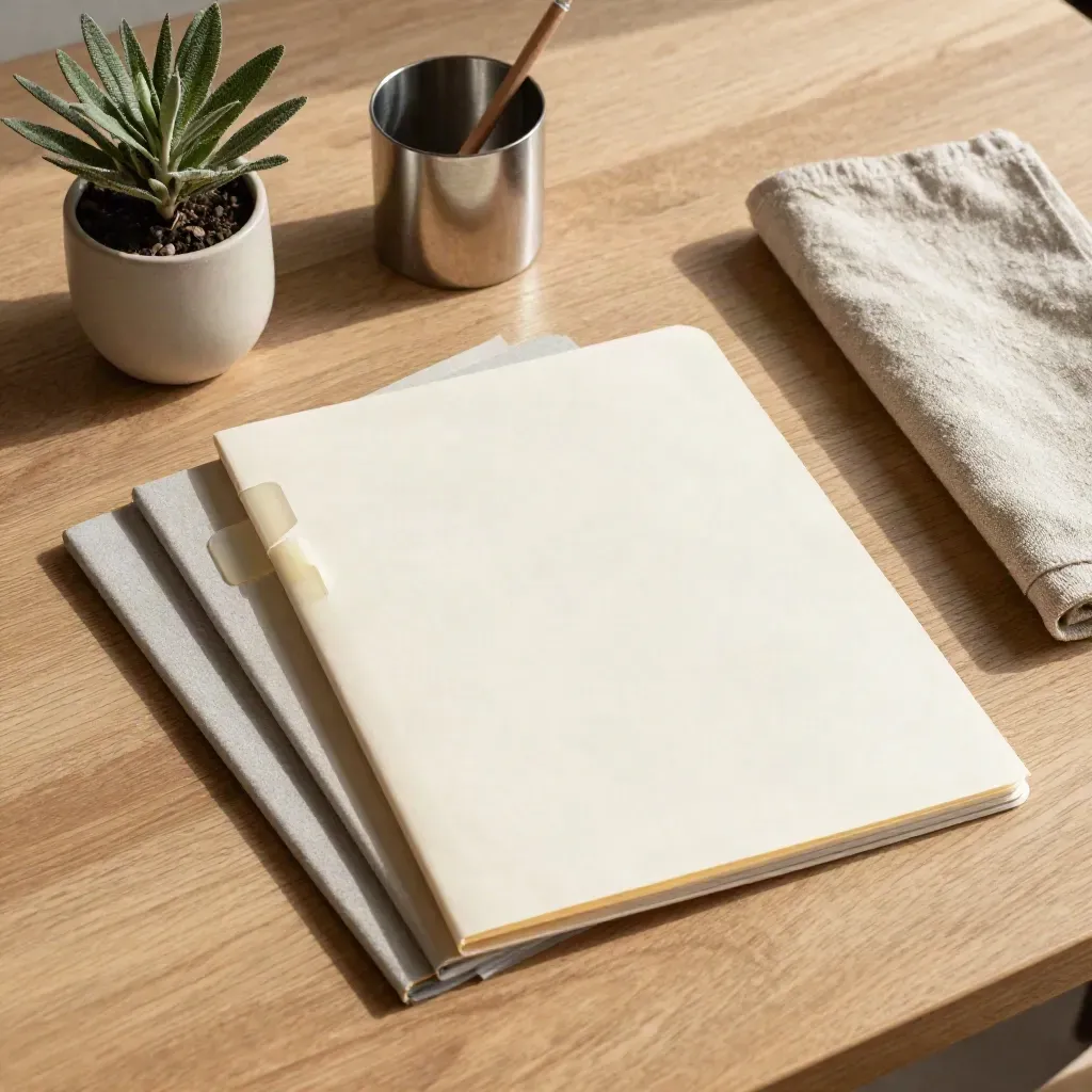 Overhead audit kit on pale oak with tabbed folders, sticky tabs, plant, cloth and pewter cup.