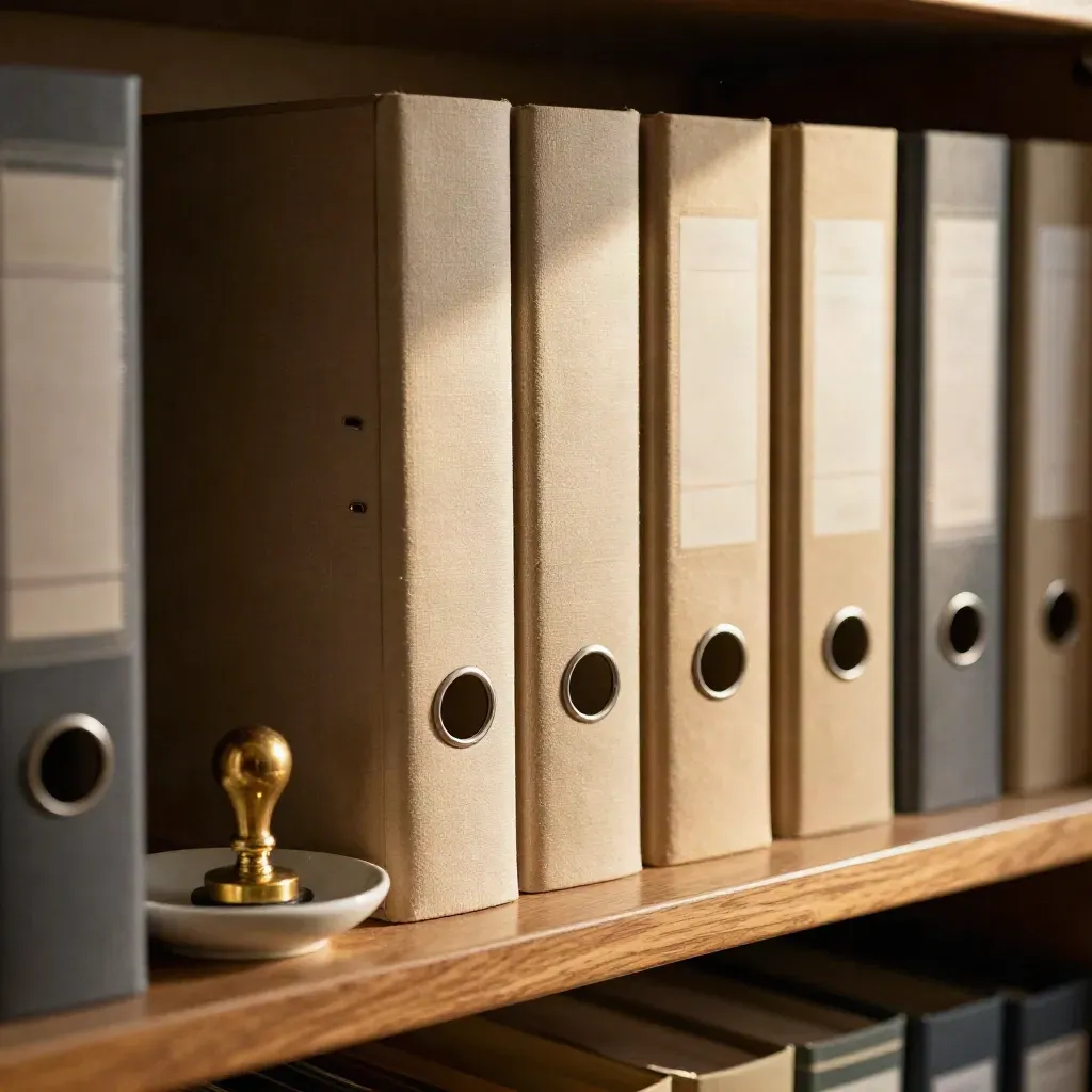 Archival policy shelf with tabbed binders, brass stamp pad, and ceramic dish in storm light.