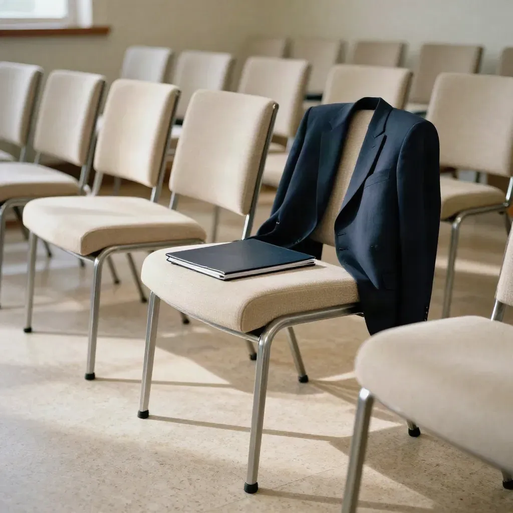 Sunlit screening room with empty chairs, a navy blazer, and an interview folder